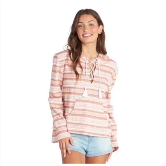 NWT Roxy Paradise Calling Hoodie Poncho Pink Stripes Lace Up‎ Size Small - Picture 1 of 6